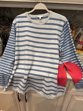 Lisa Todd Blue and White Striped Crewneck Sweater with Red Elbow Patches